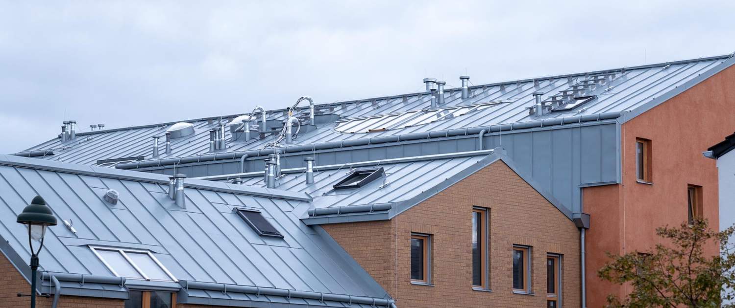 Side view of metal commercial roofs